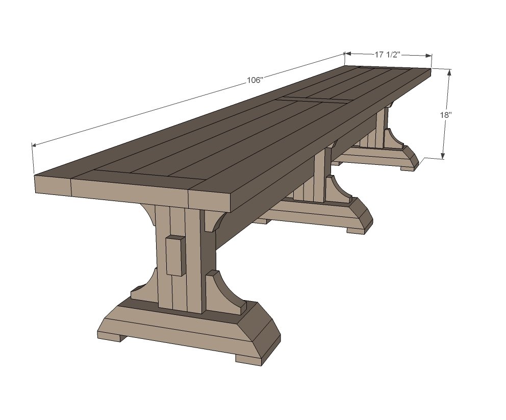 Triple Pedestal Farmhouse Bench dimension diagram 1