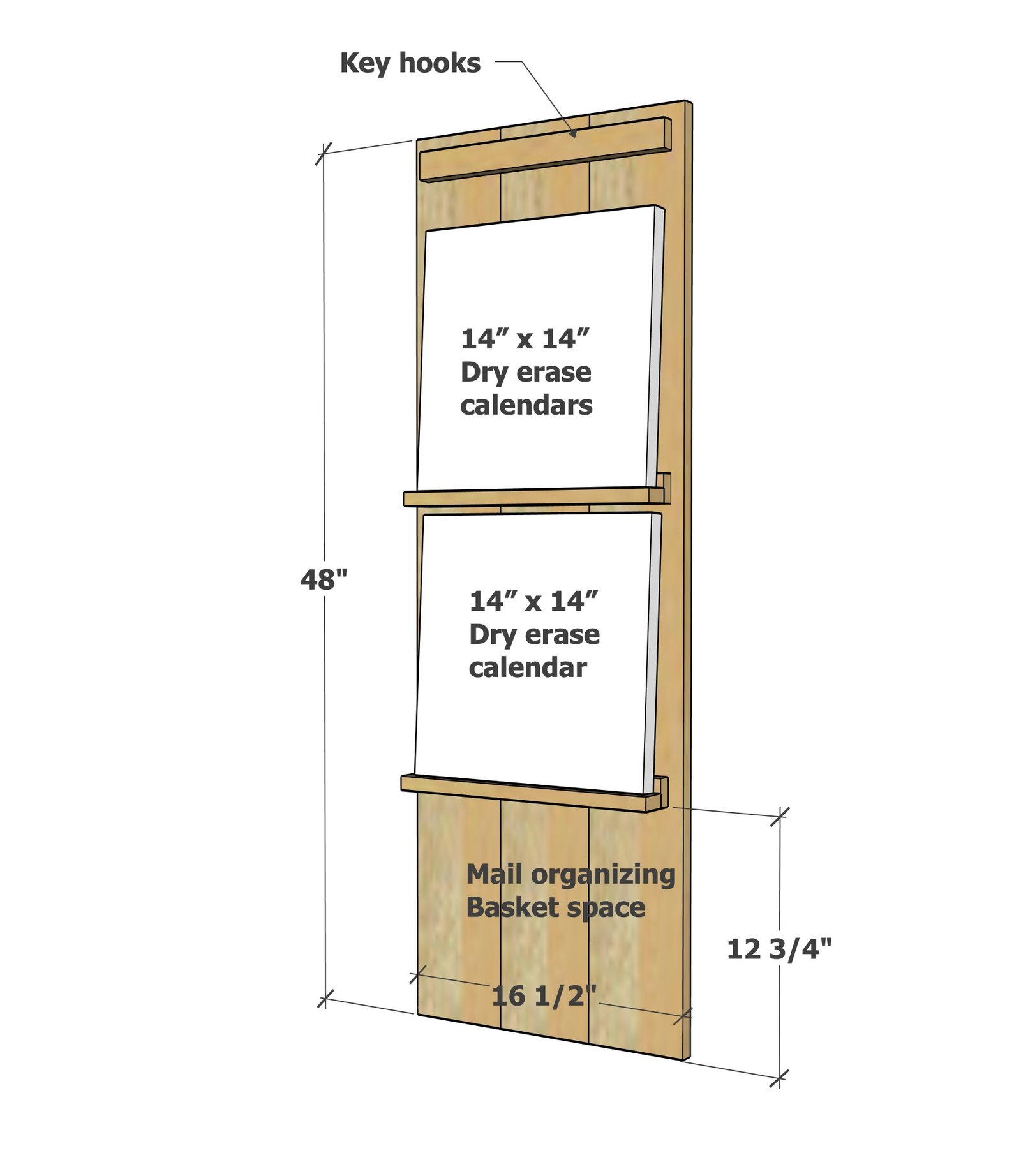 Two Month Calendar Shelf with Key Hooks and Mail Organization dimension diagram 1
