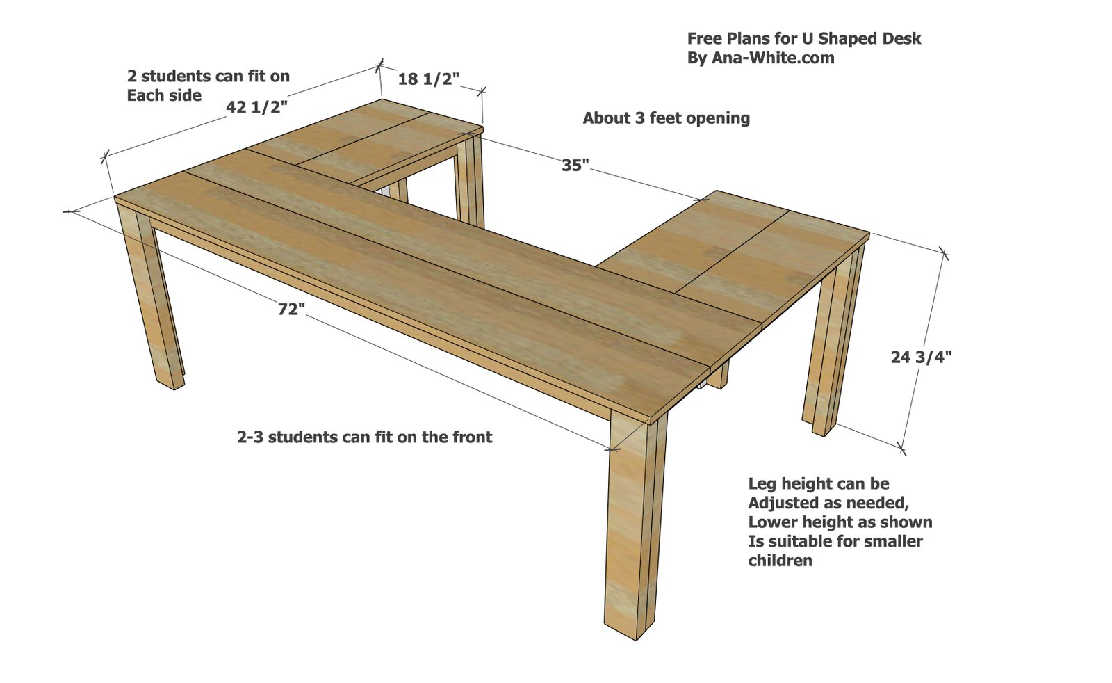 U Shaped Table or Desk for School dimension diagram 1