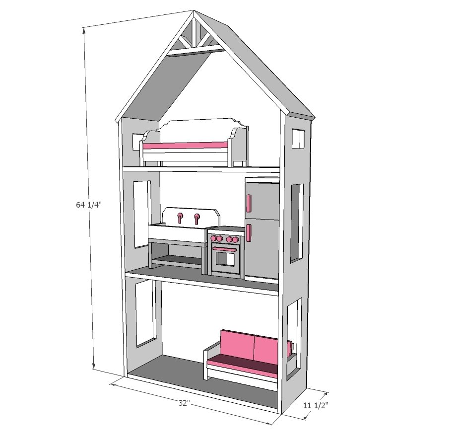 Ultimate 18" or American Girl Dollhouse dimension diagram 1