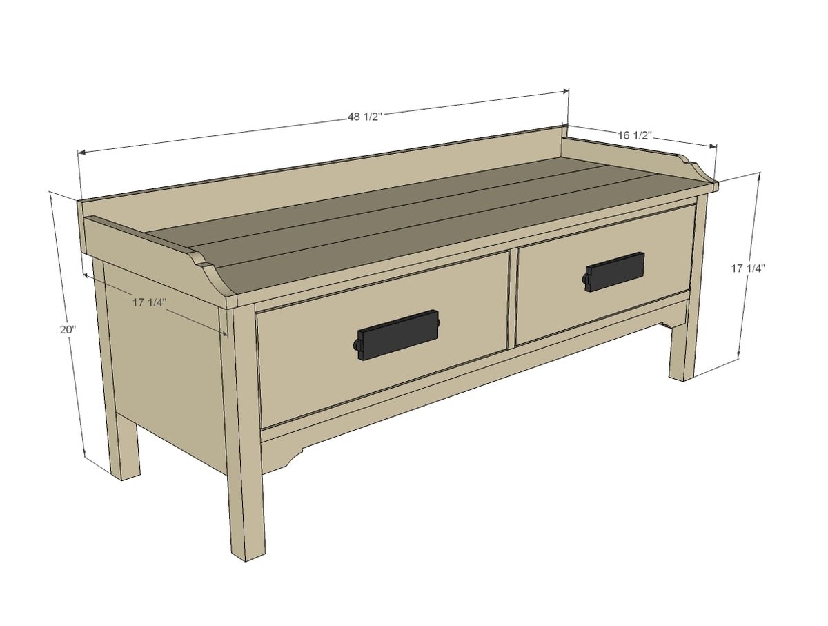 Vintage Drawer Bench dimension diagram 1