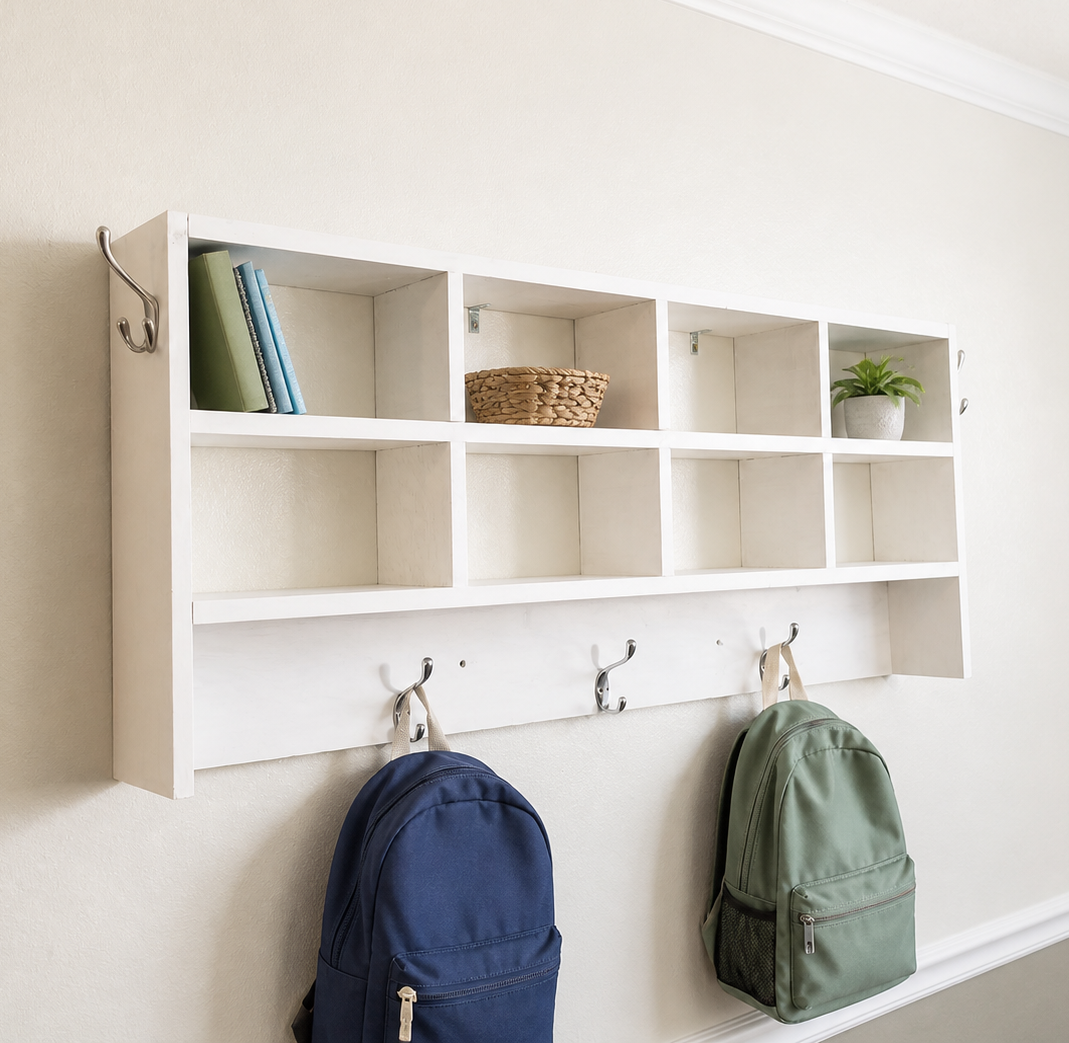 Wall-Mounted 8 Cubby Shelf with Hooks