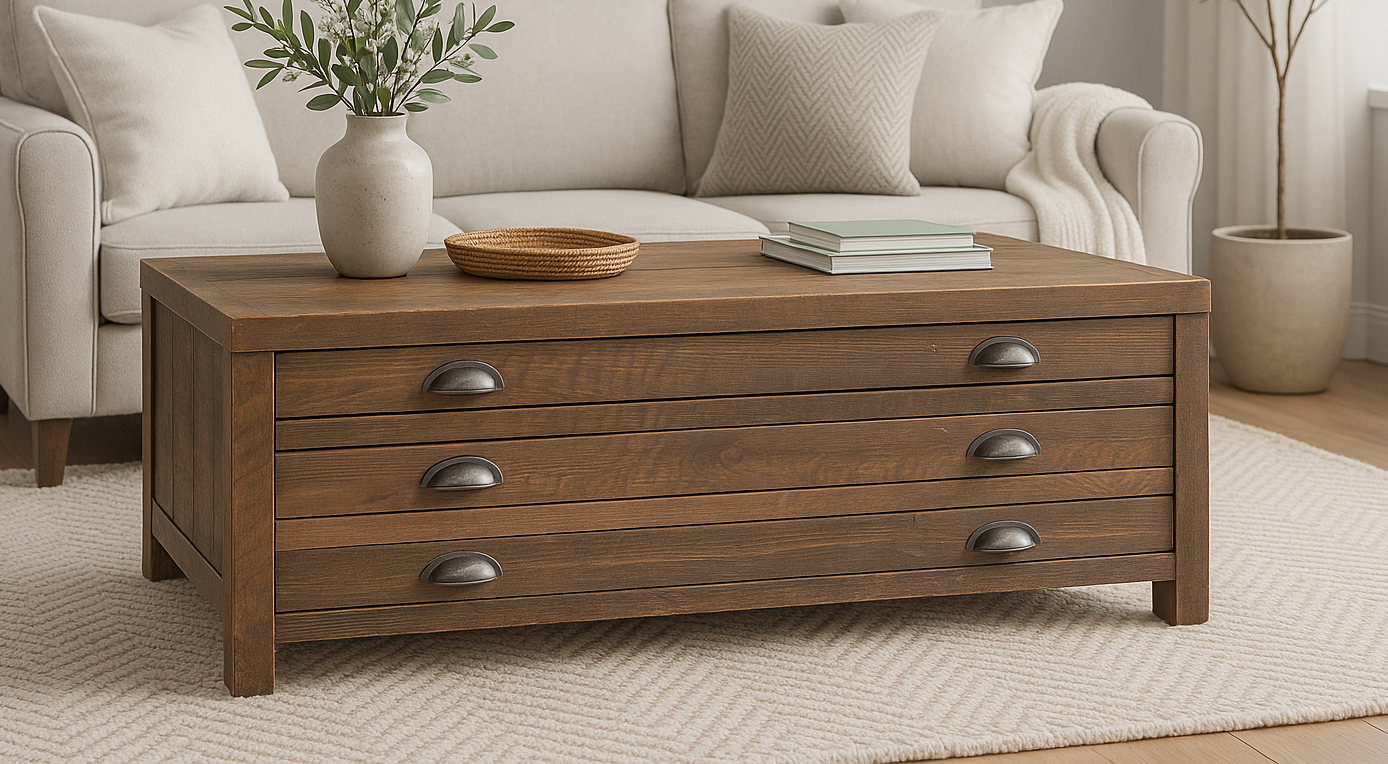 Wood Coffee Table with Pass Through Drawers