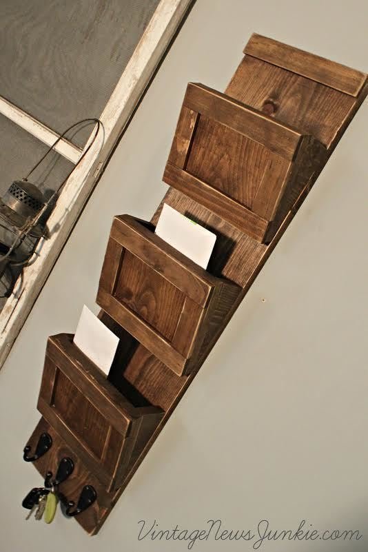 Wood Mail Sorter with Key Hooks